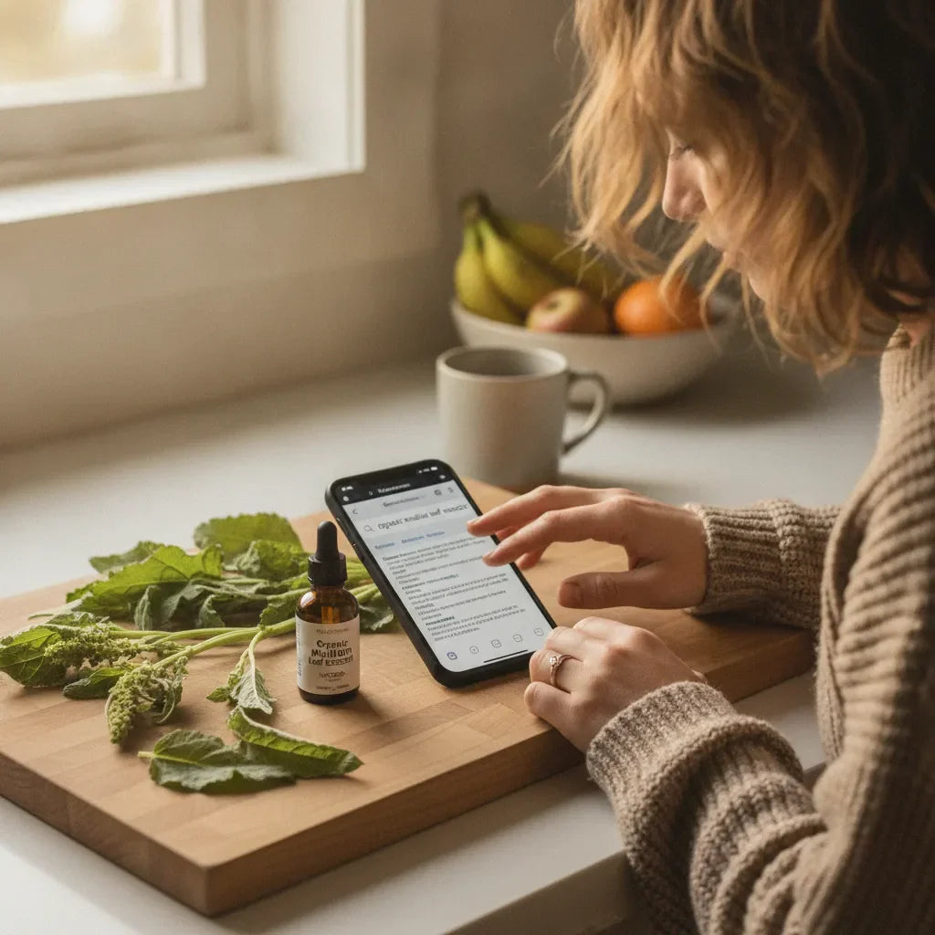 Person searches mullein extract on smartphone