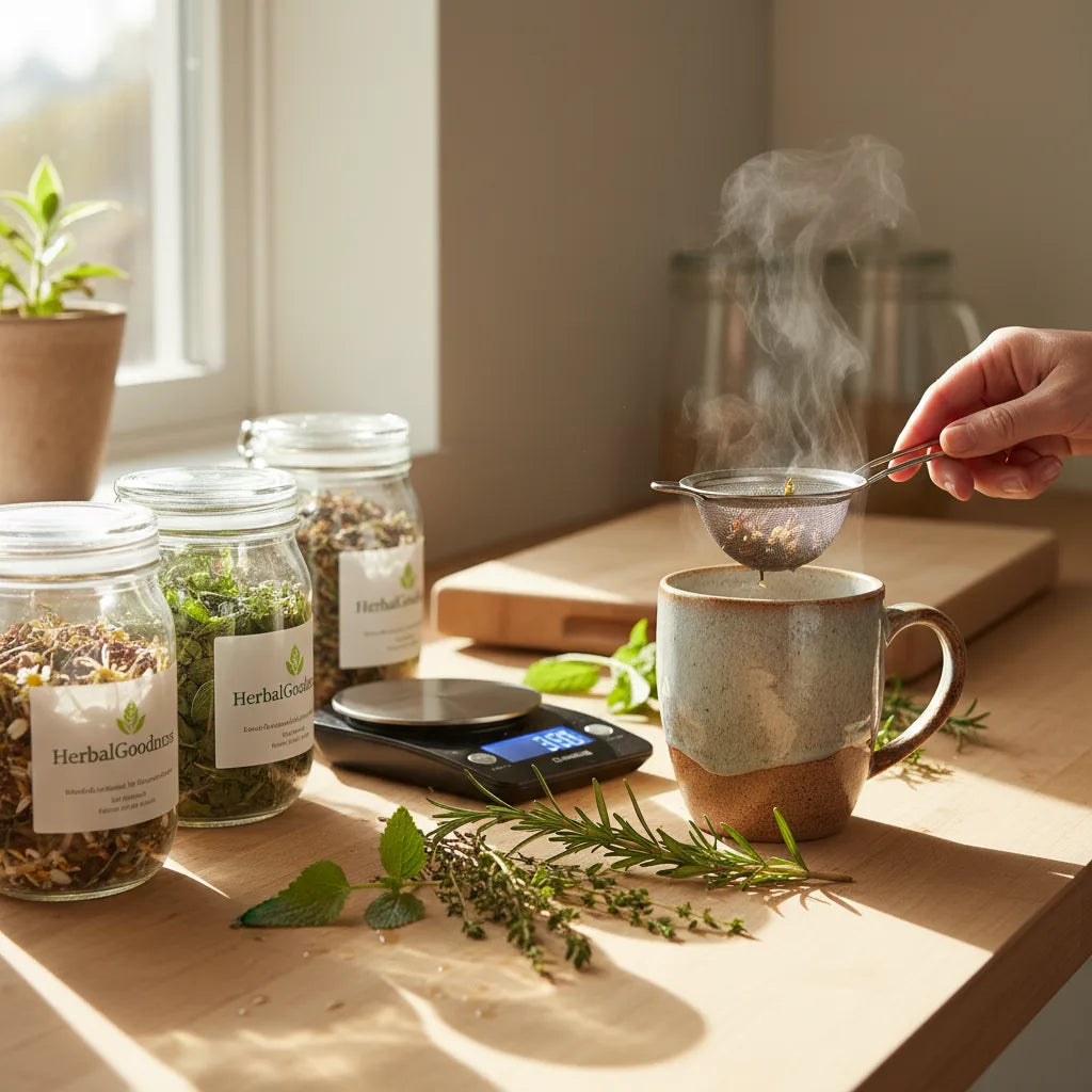 Measuring loose herbal tea in kitchen