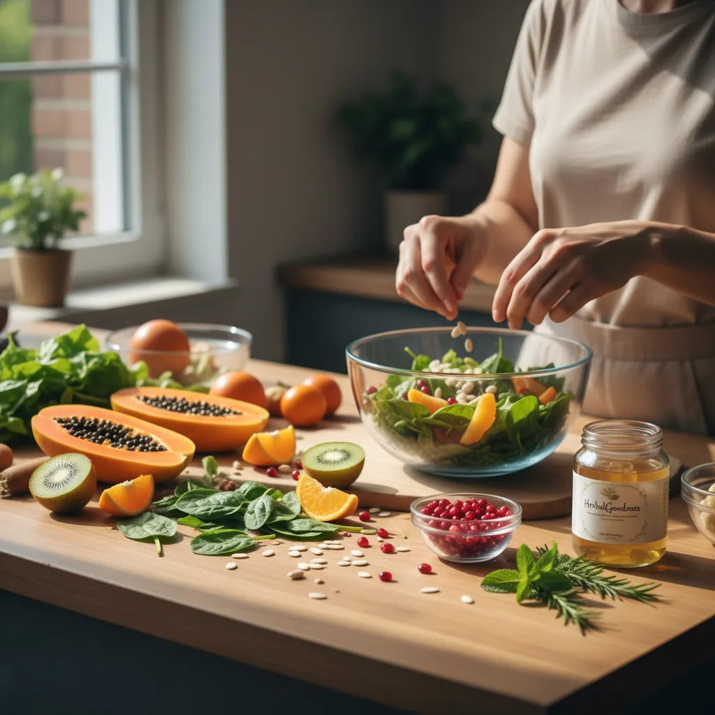 Hands preparing vibrant plant-forward plate in kitchen