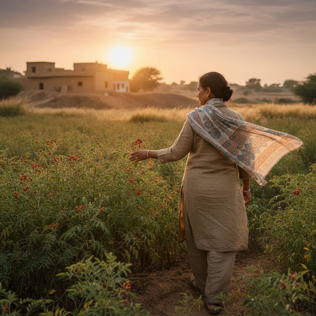 Woman walking through sunlit ashwagandha field