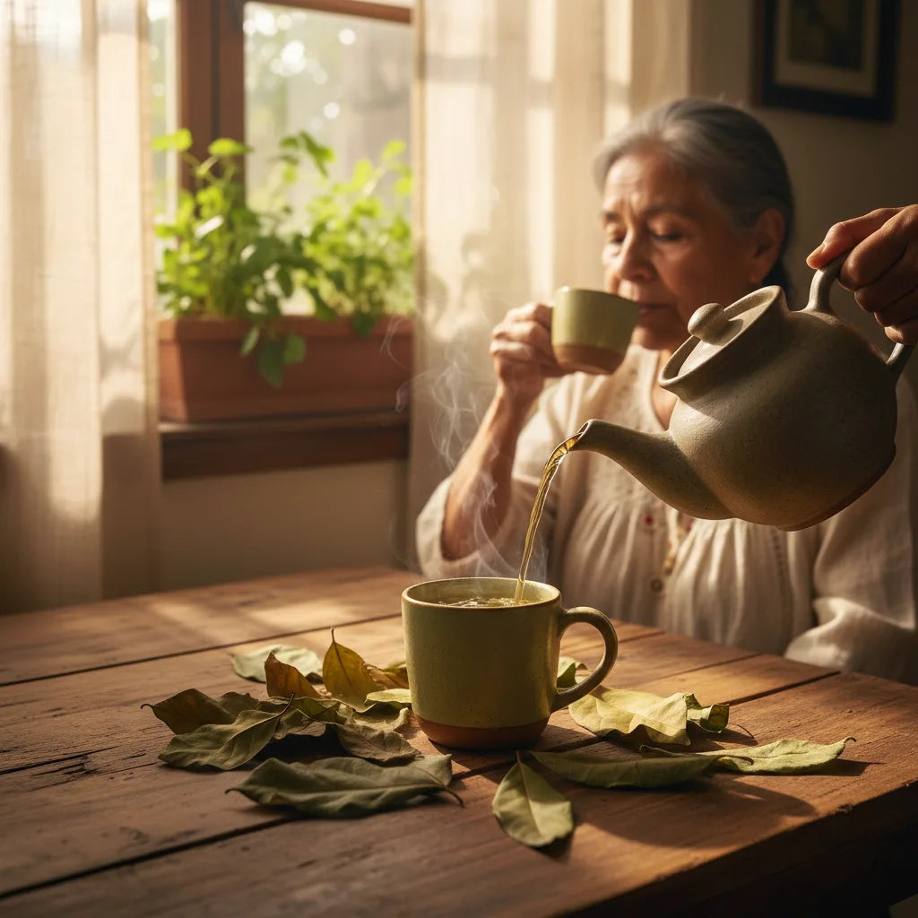 Avocado leaf tea moment in kitchen