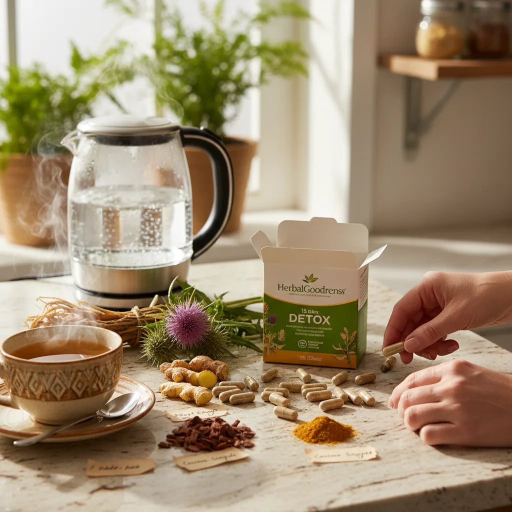 Detox capsule pack with fresh botanicals displayed