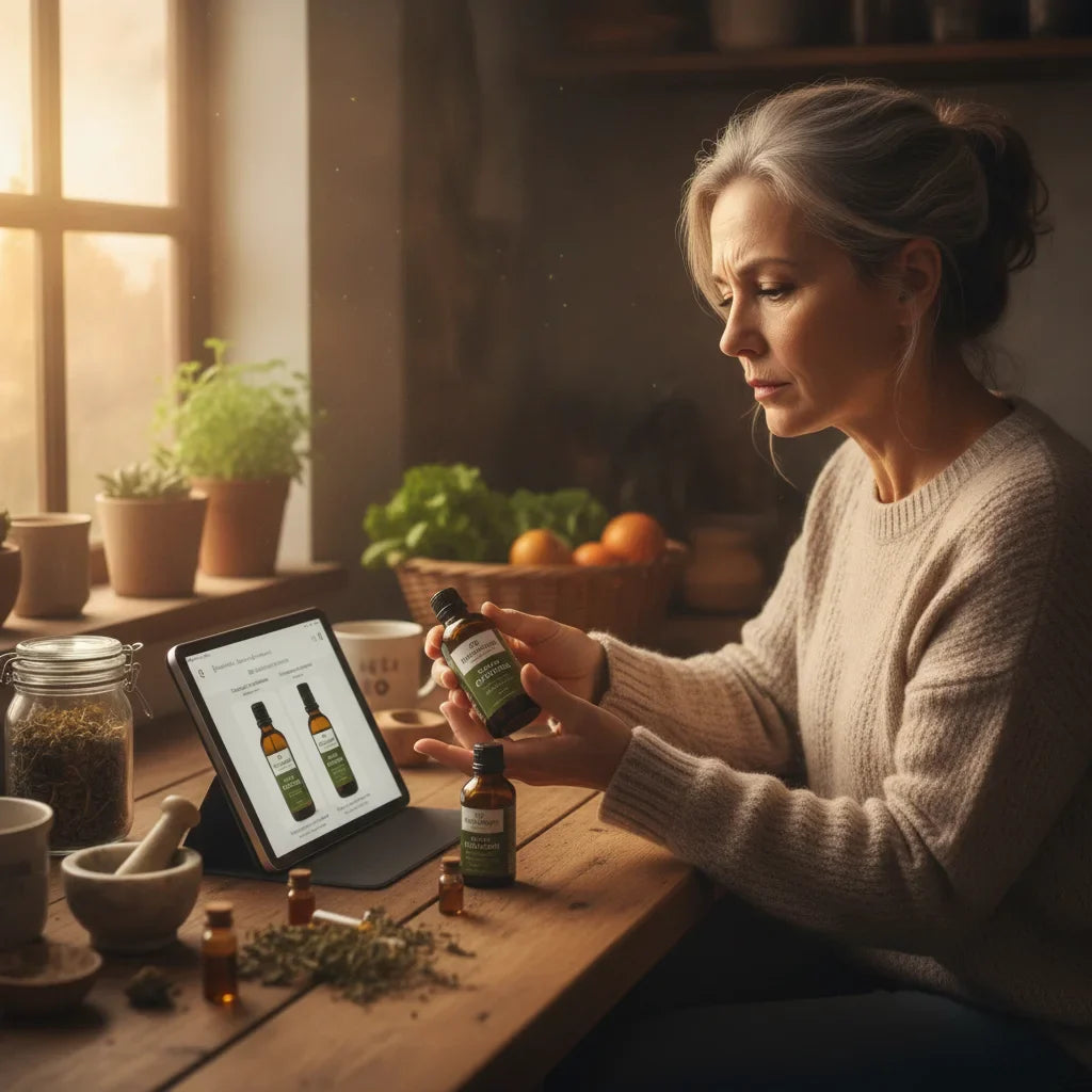 Woman comparing oregano oils in cozy kitchen