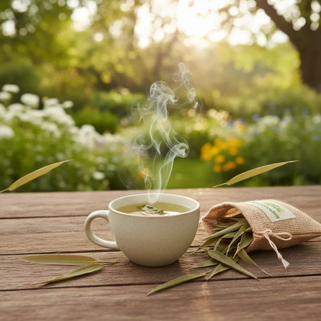Bamboo leaf tea beside fresh bamboo leaves