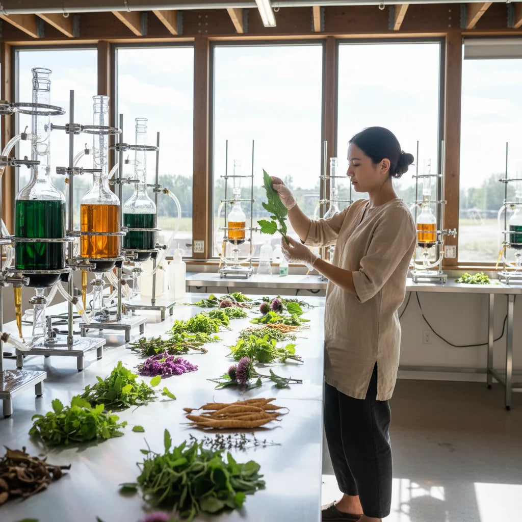Technician inspects vibrant herbs in facility