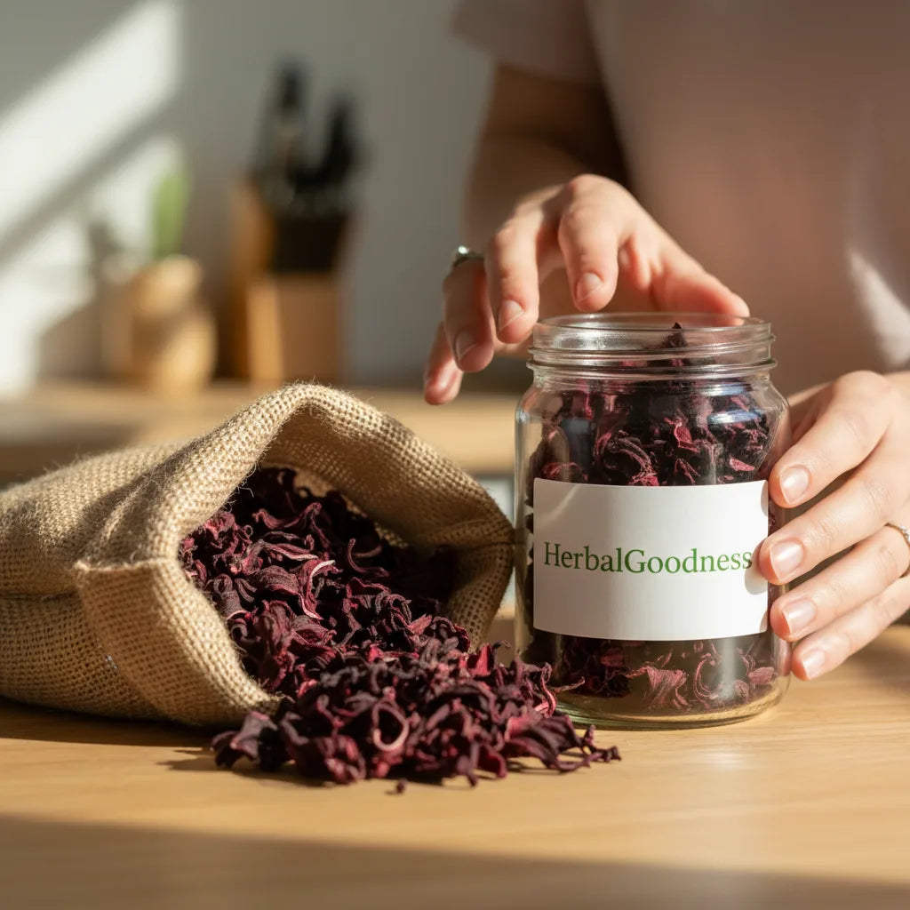 Hands inspecting hibiscus leaves in kitchen