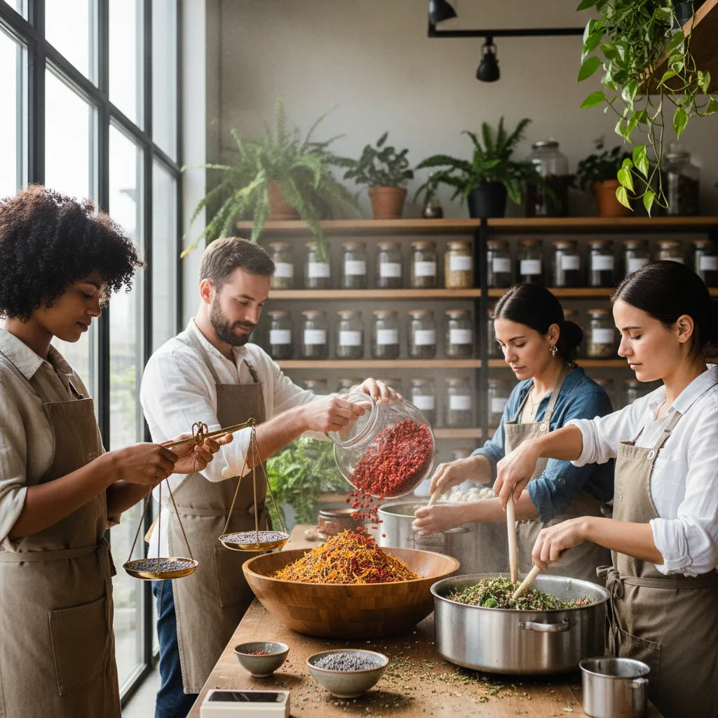 Artisans hand-blending herbal ingredients in facility