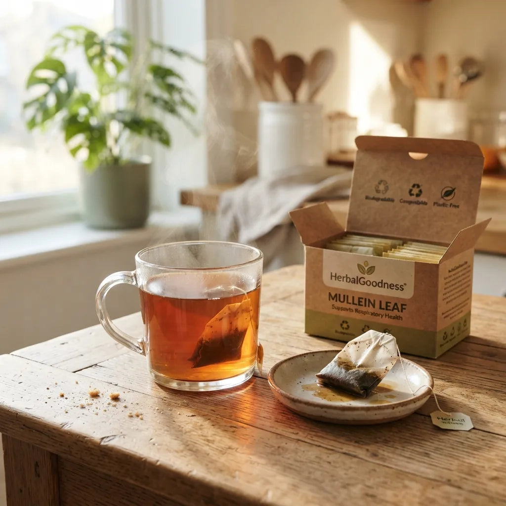 Steaming mullein tea with eco-labeled packaging