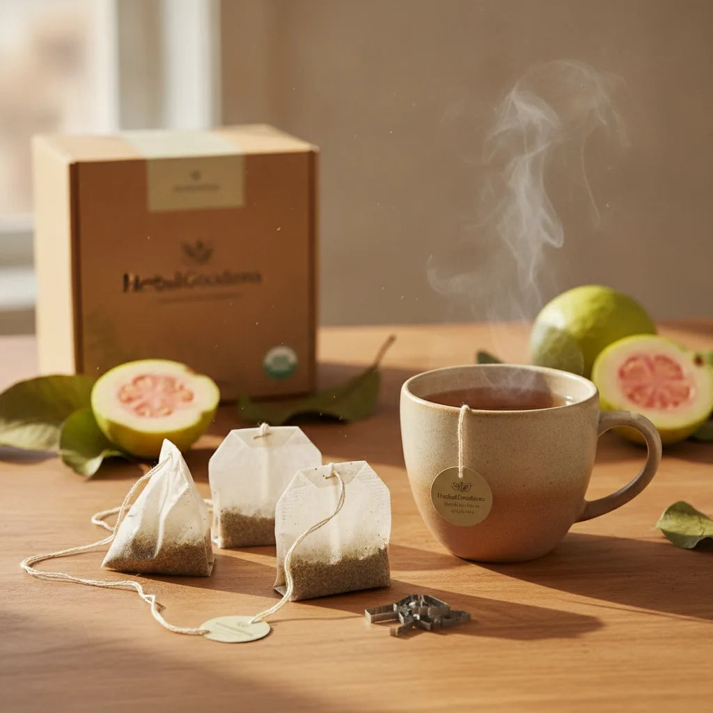 Natural kitchen table with eco guava tea bags