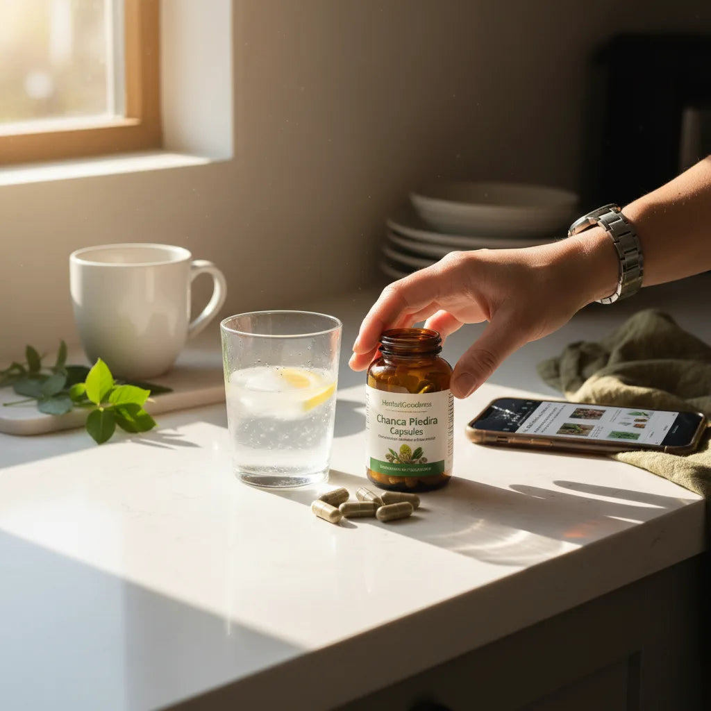 Hand reaching for supplement in kitchen