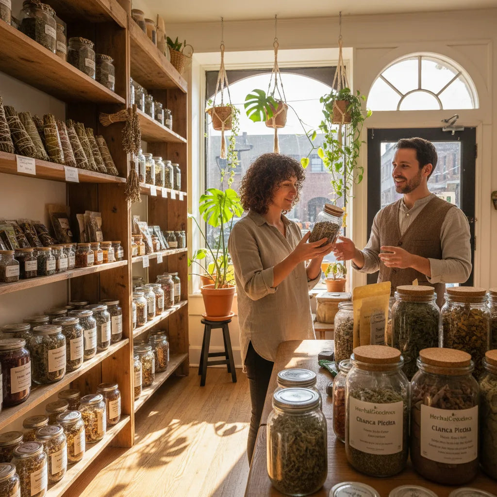 Customer examines HerbalGoodness chanca piedra in store