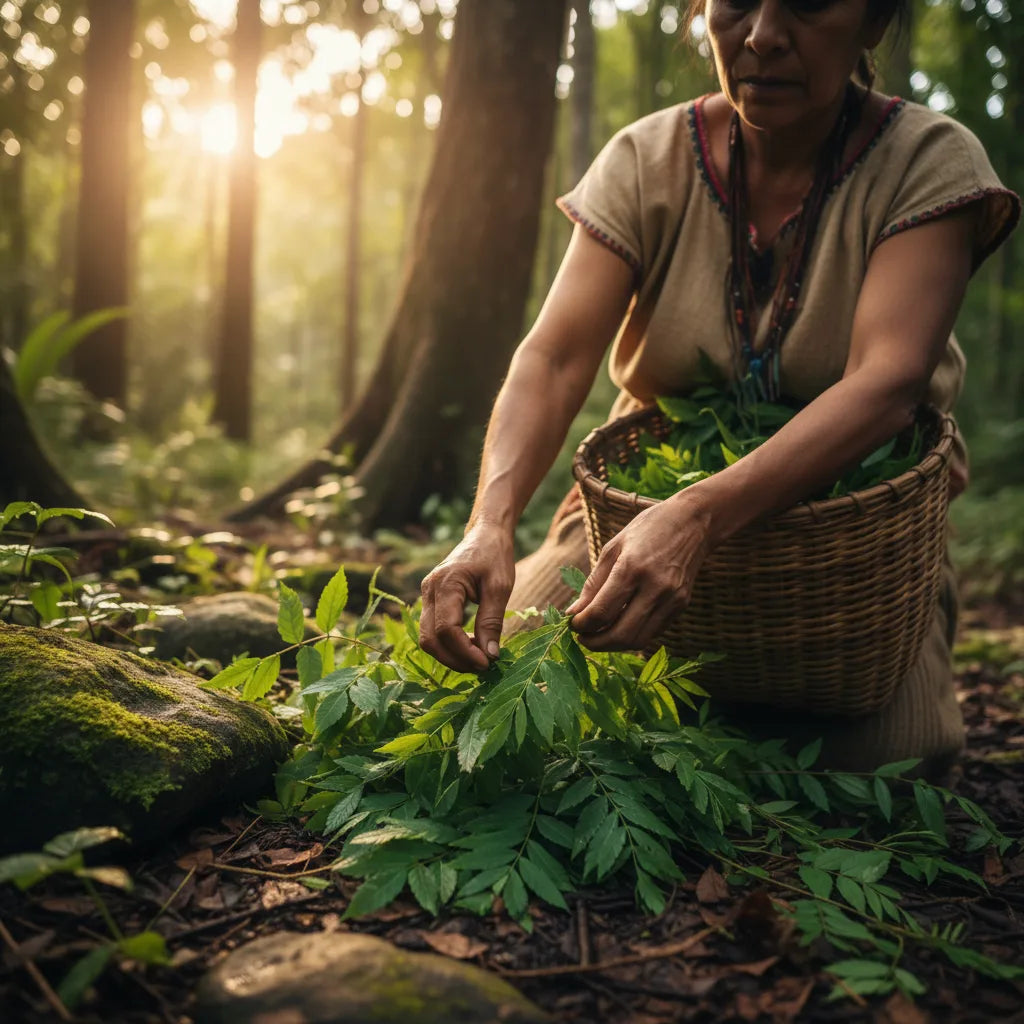Hand harvesting fresh chanca piedra leaves