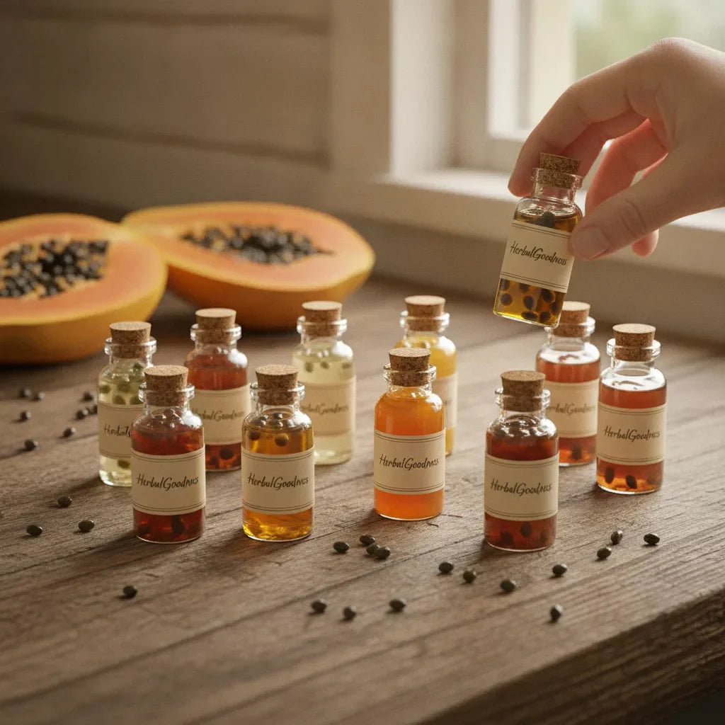 Hand inspects papaya seed extract bottles