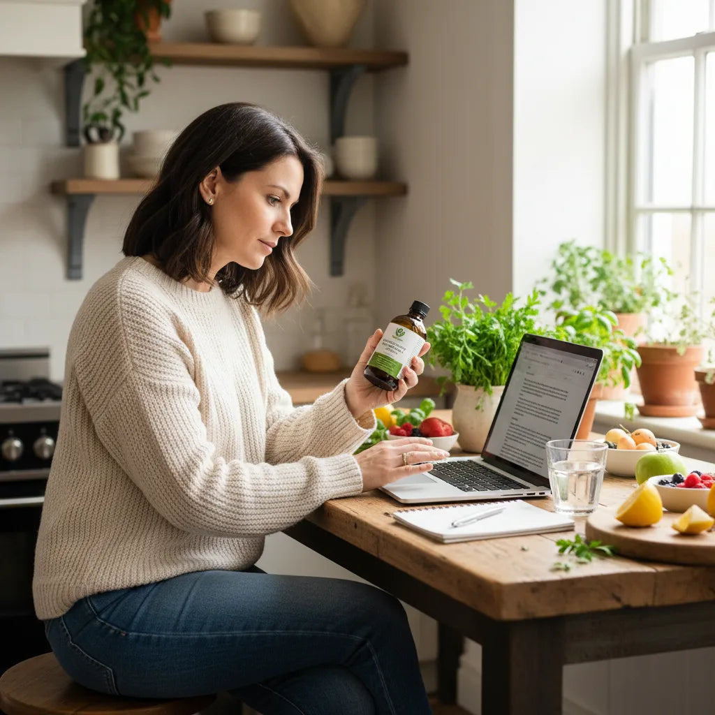 Woman reviewing moringa extract label thoughtfully