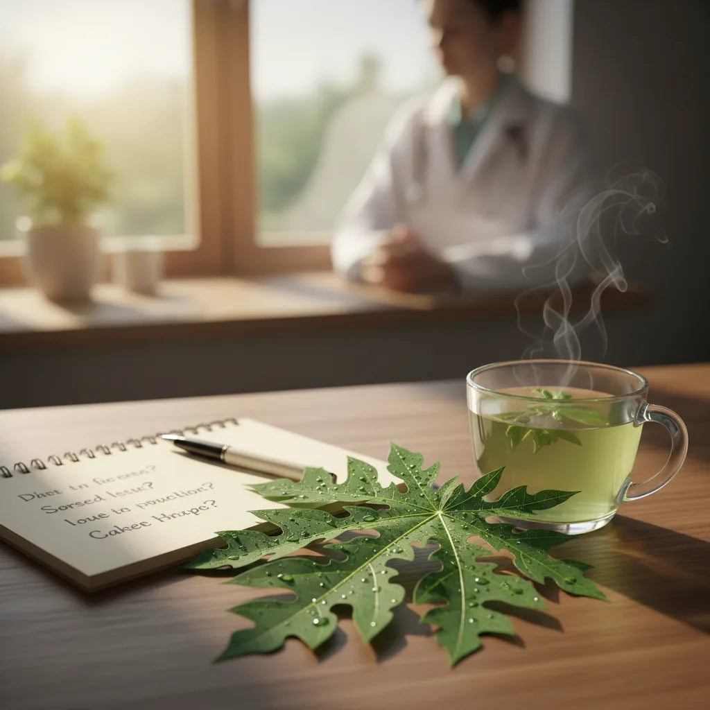 Papaya leaf, herbal tea, notepad, consultation scene