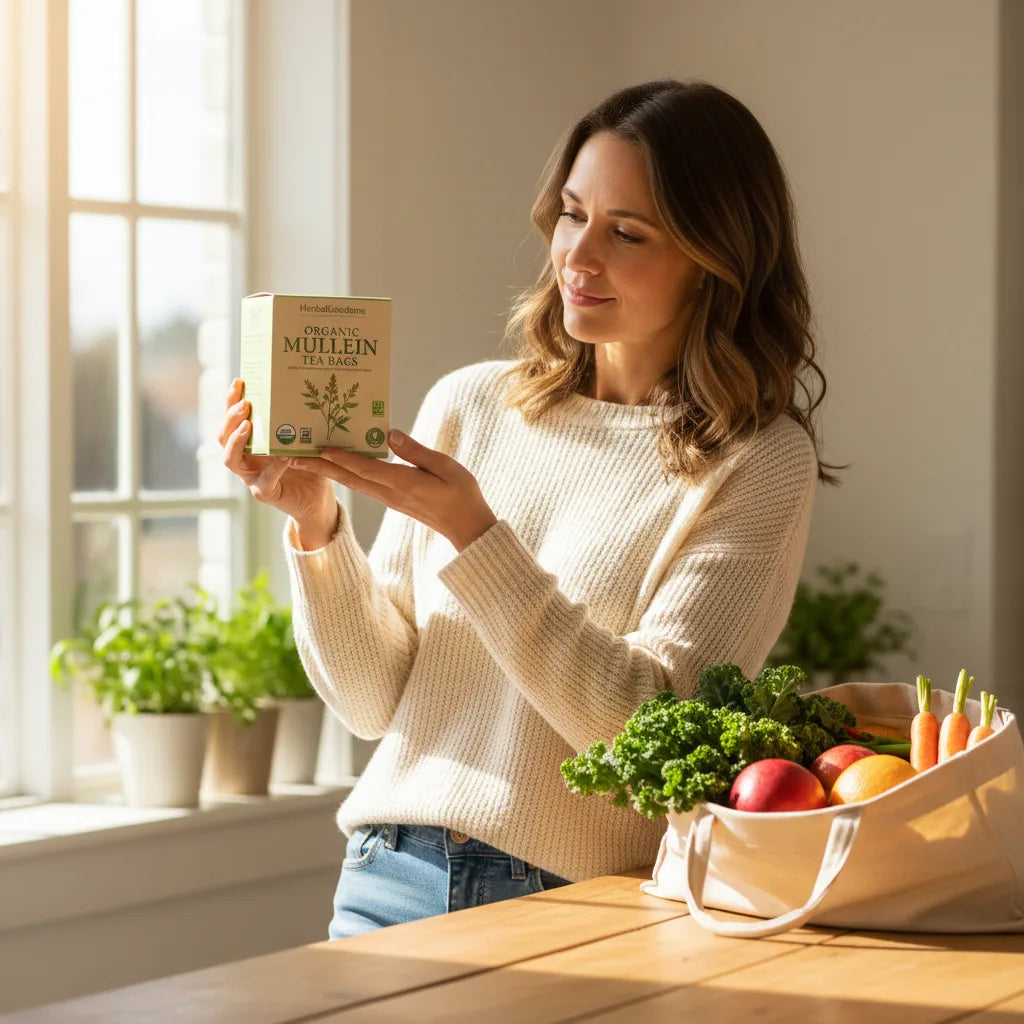 Woman inspects sustainable mullein tea packaging