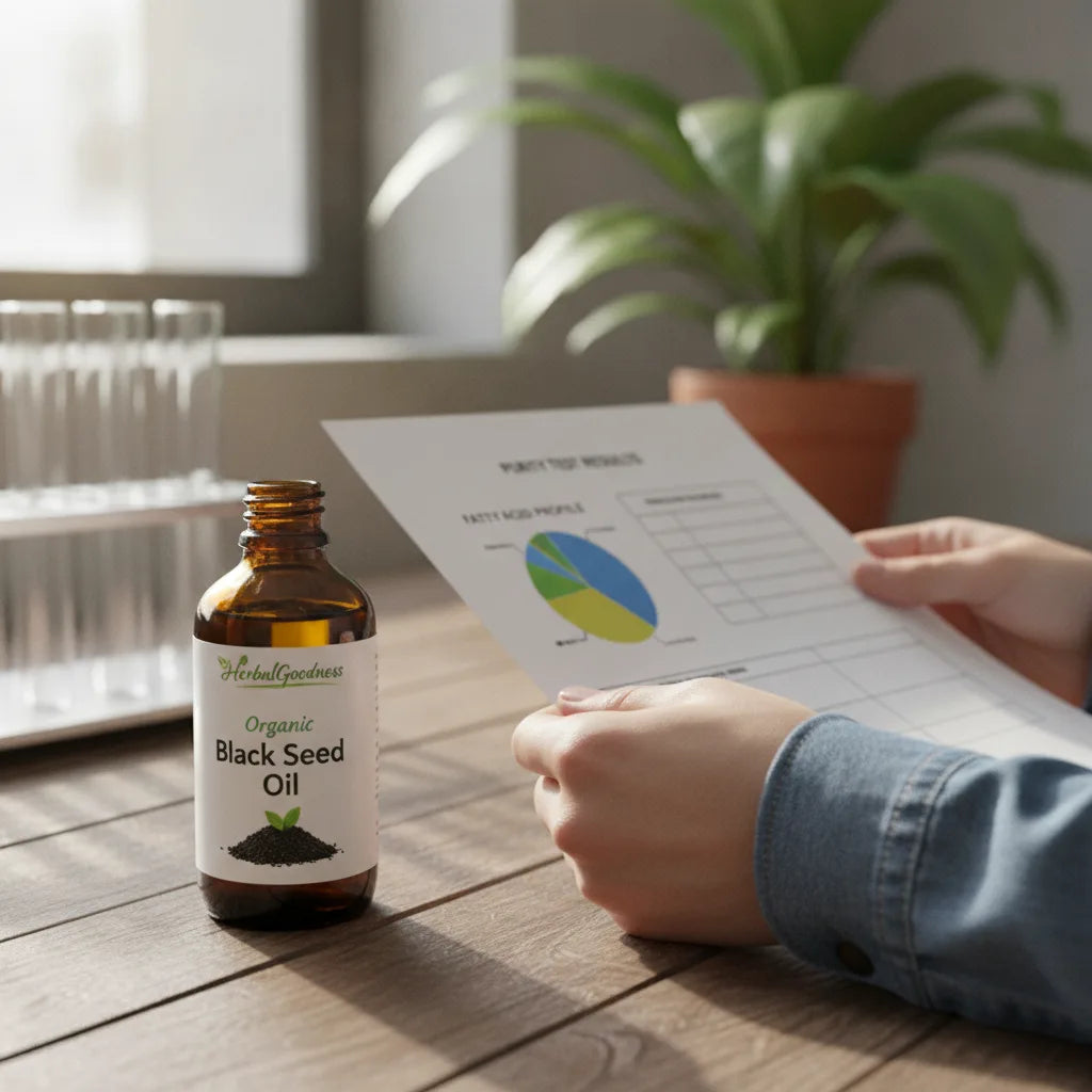 Reviewing lab results beside black seed oil