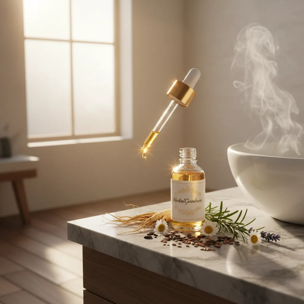 HerbalGoodness serum beside fresh botanicals bathroom