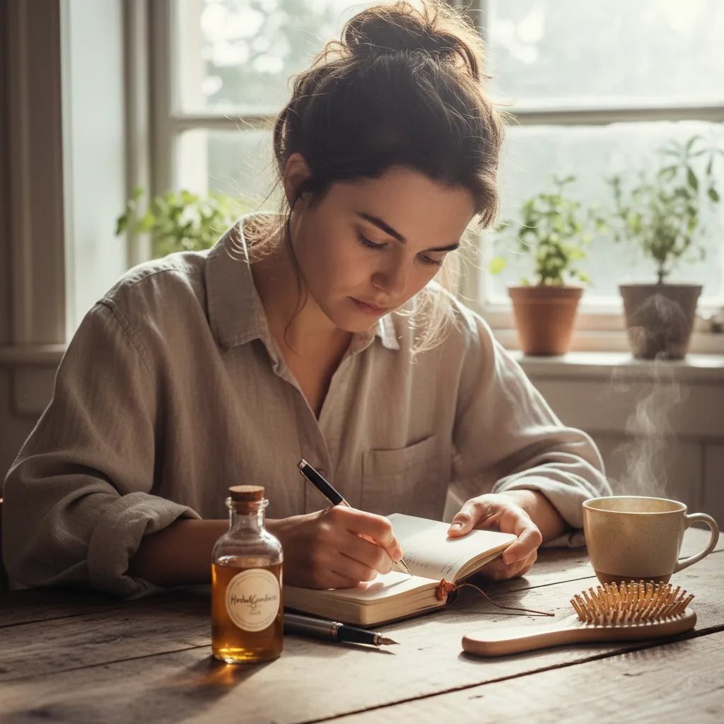 Woman journaling morning hair routine discovery