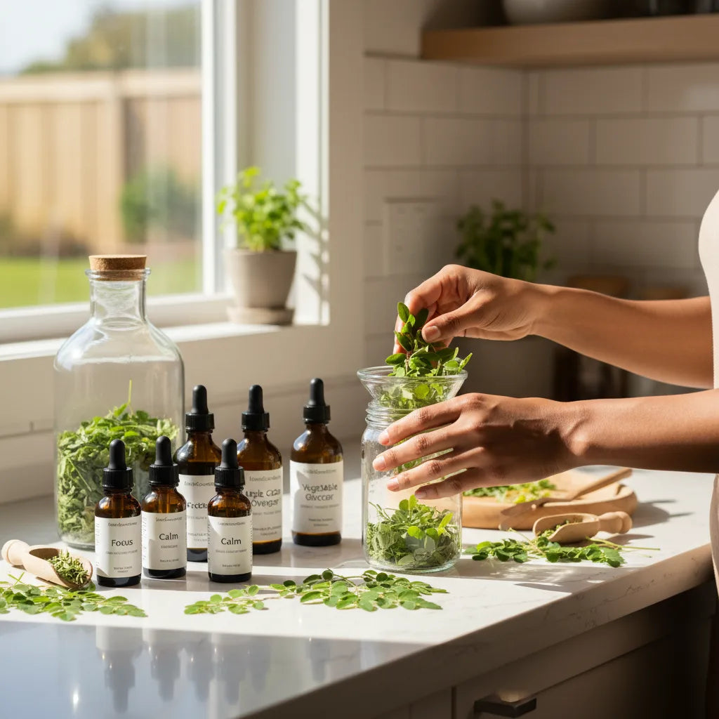 Hands preparing moringa extract in kitchen
