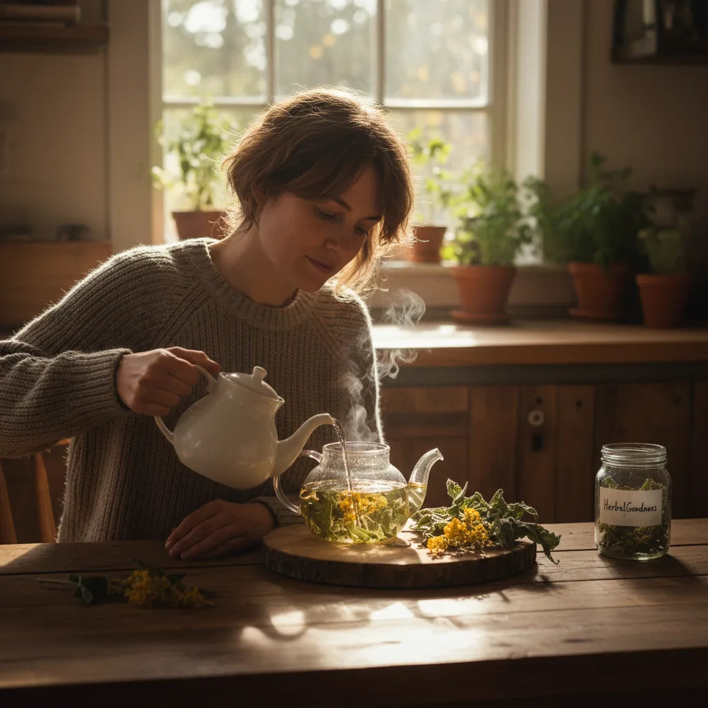 Mindful mullein tea preparation in kitchen