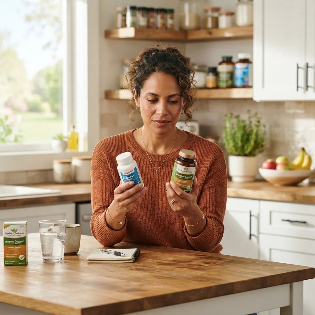 Comparing supplement and medicine bottles at home