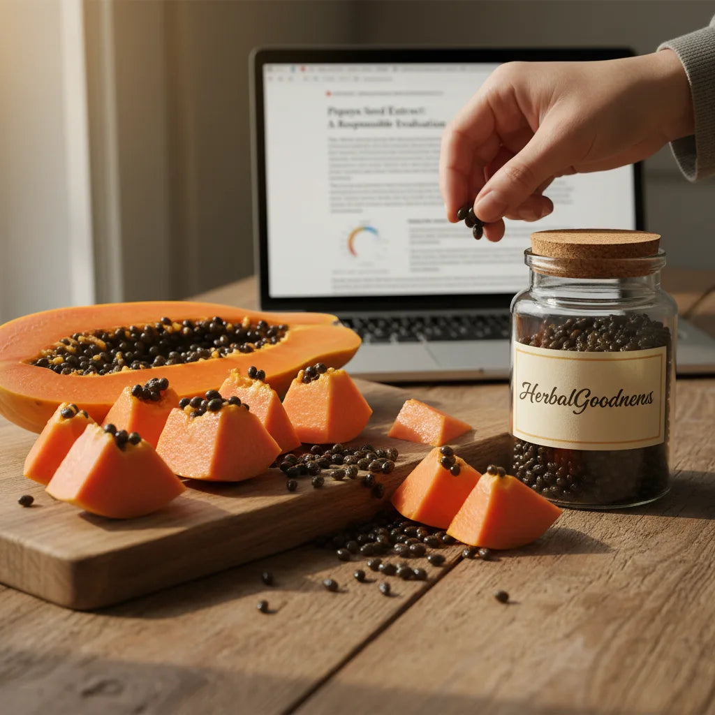 Sliced papaya and seeds with research open