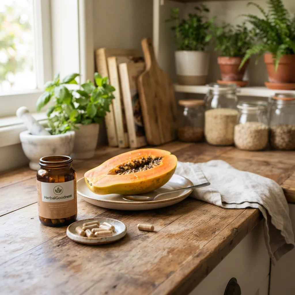 Papaya fruit and capsules in kitchen scene