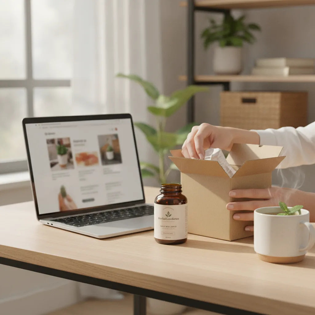Unboxing herbal capsules in home office