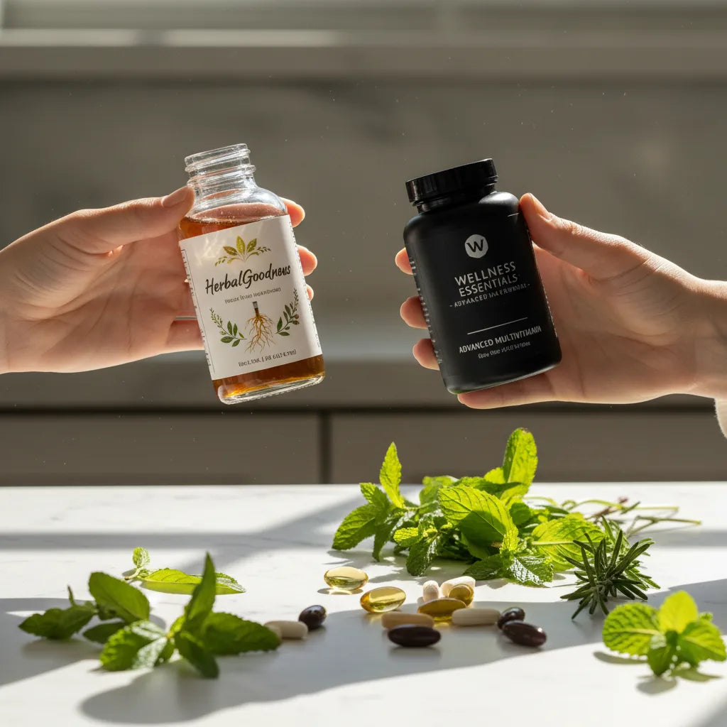 Hands comparing extract and vitamin bottles naturally