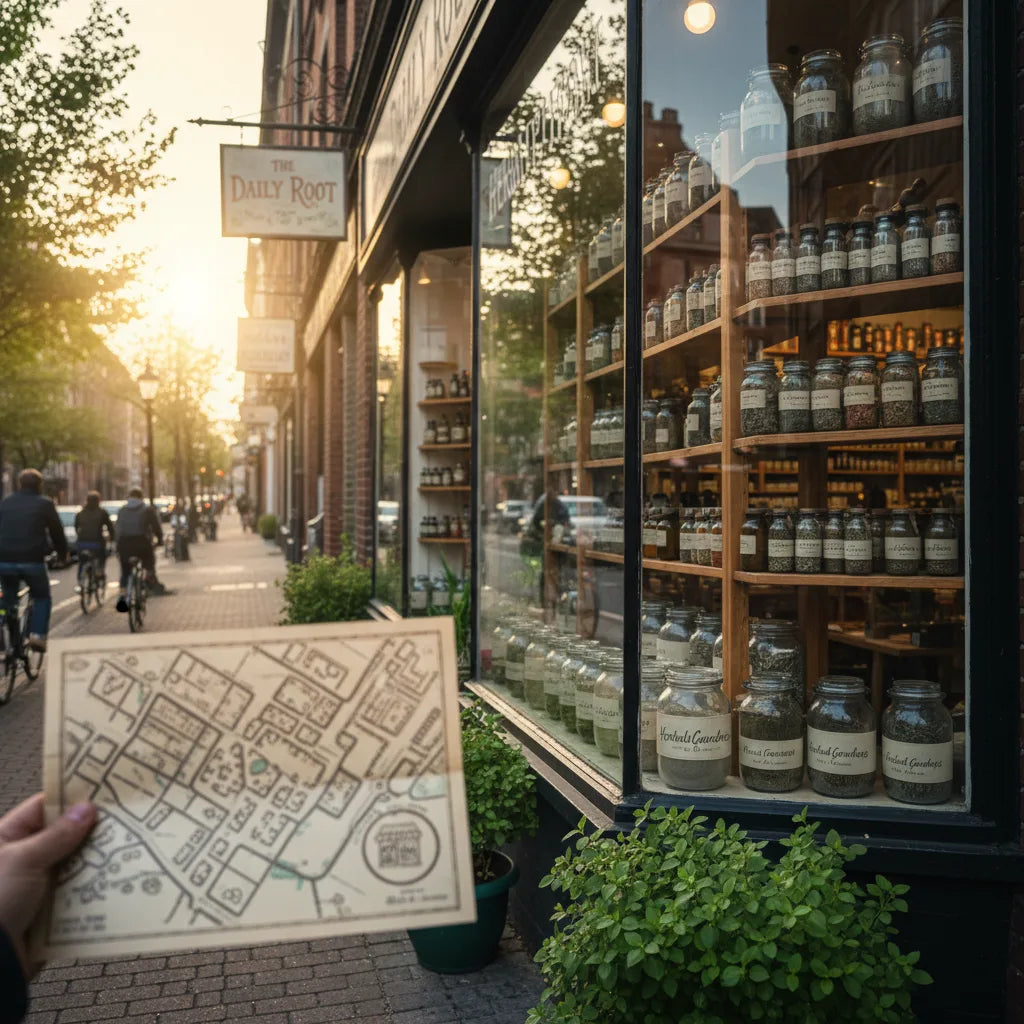 Local herbal shop with map and sunlight