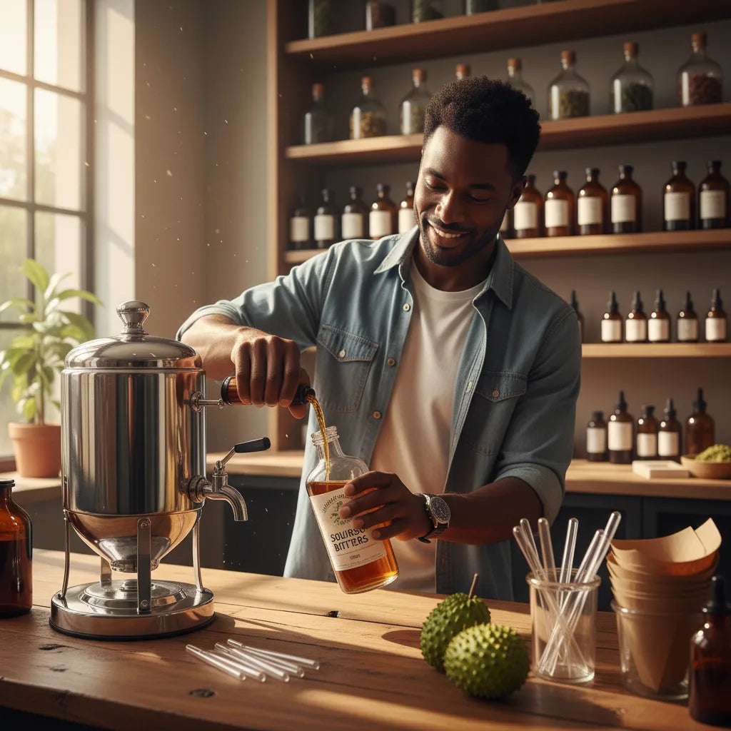 Barista refilling soursop bitters in apothecary