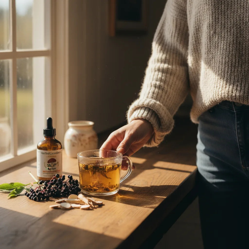 Hand reaching for echinacea tea mug