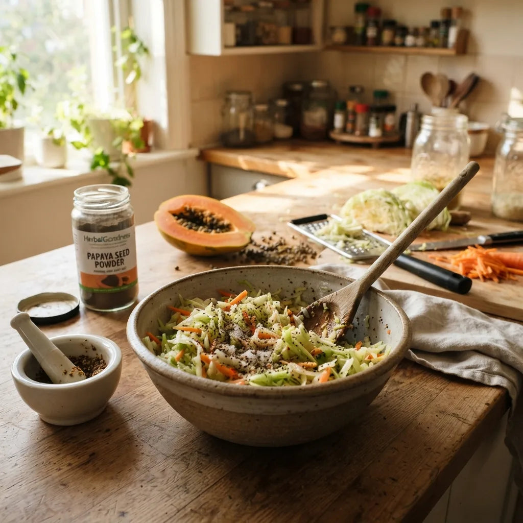 Papaya seed powder blending into fresh kraut