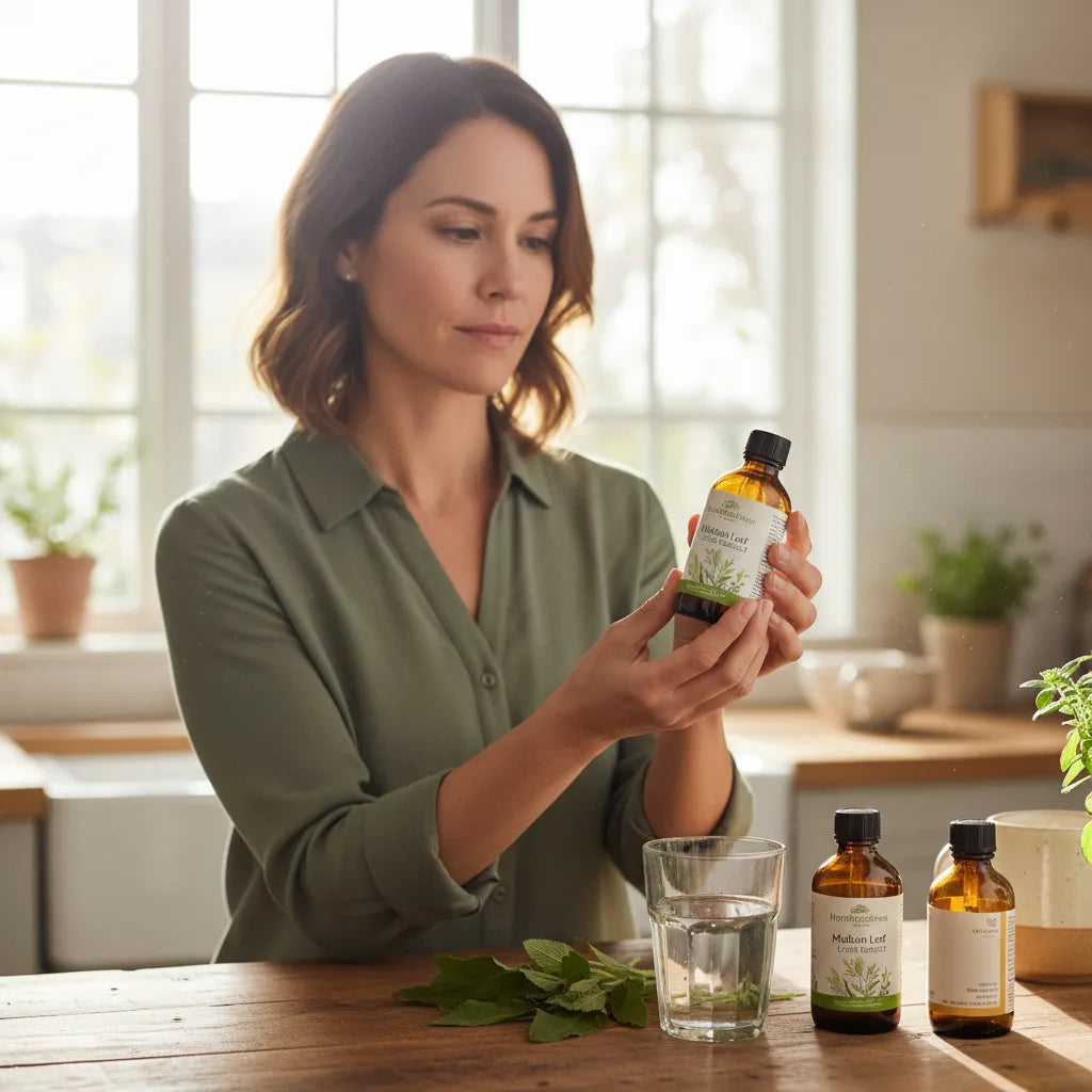 Shopper examines mullein extract label carefully