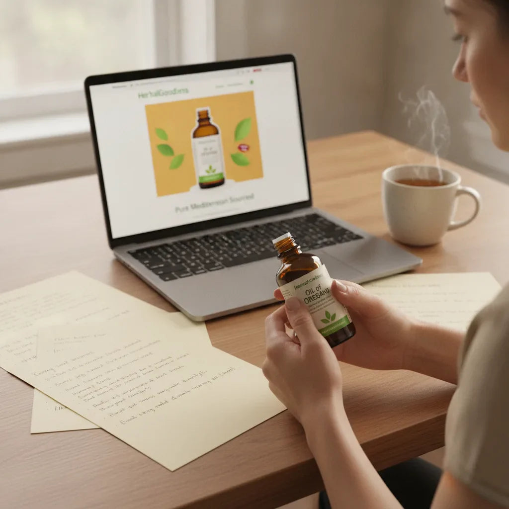 Person researches oil of oregano reviews