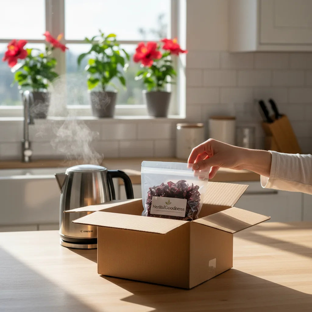 Opening fresh hibiscus tea delivery box