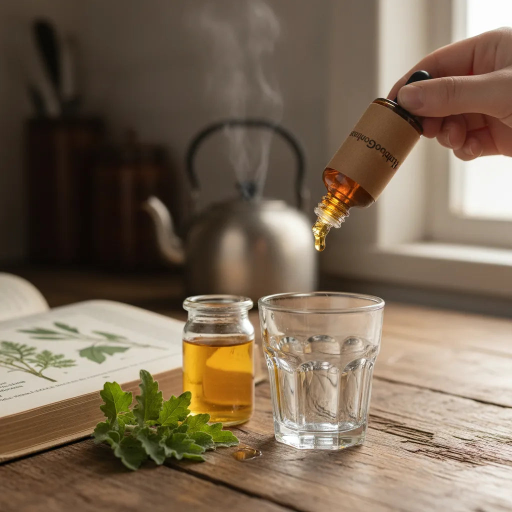 Pouring HerbalGoodness mullein drops in kitchen