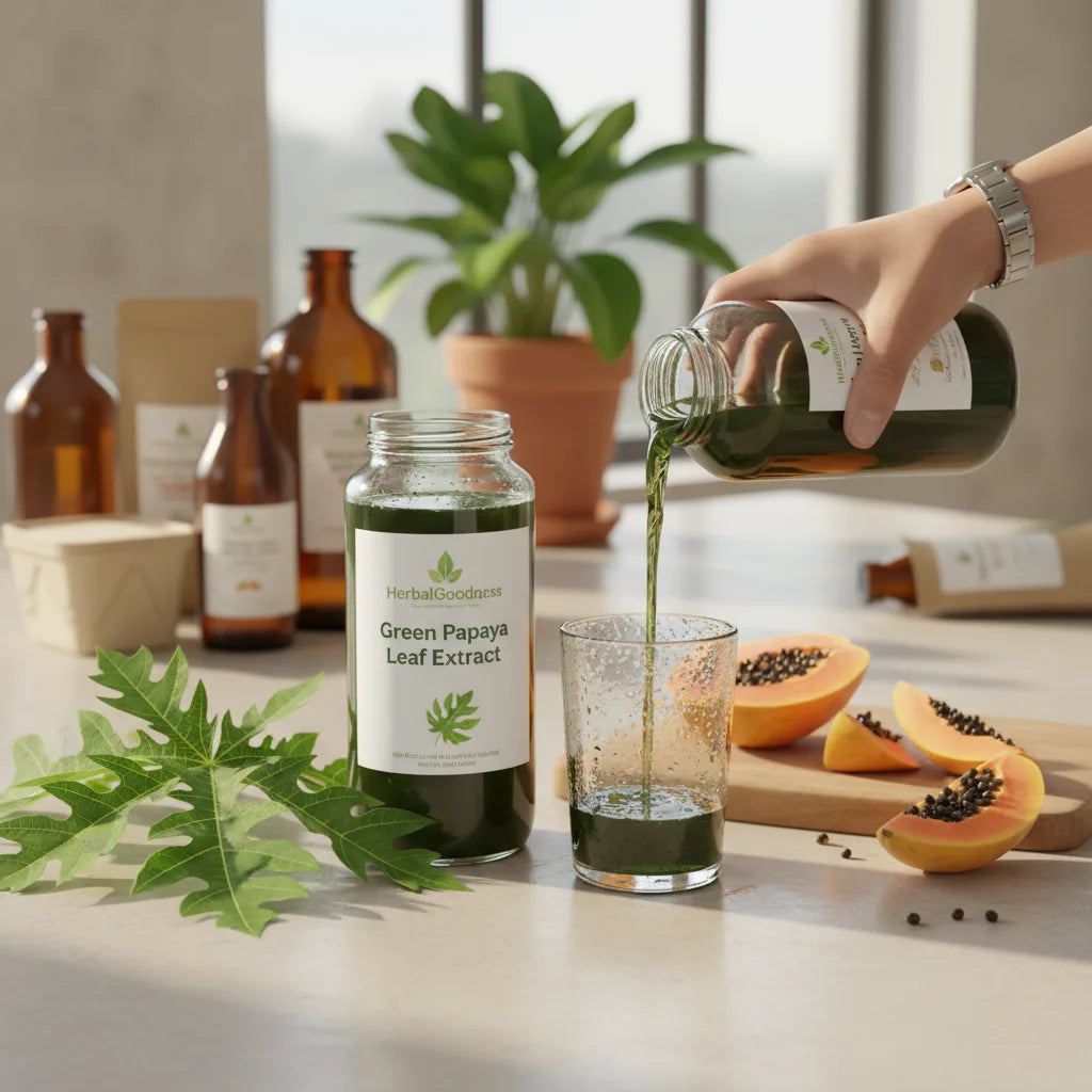 Papaya leaf extract poured in sunny kitchen