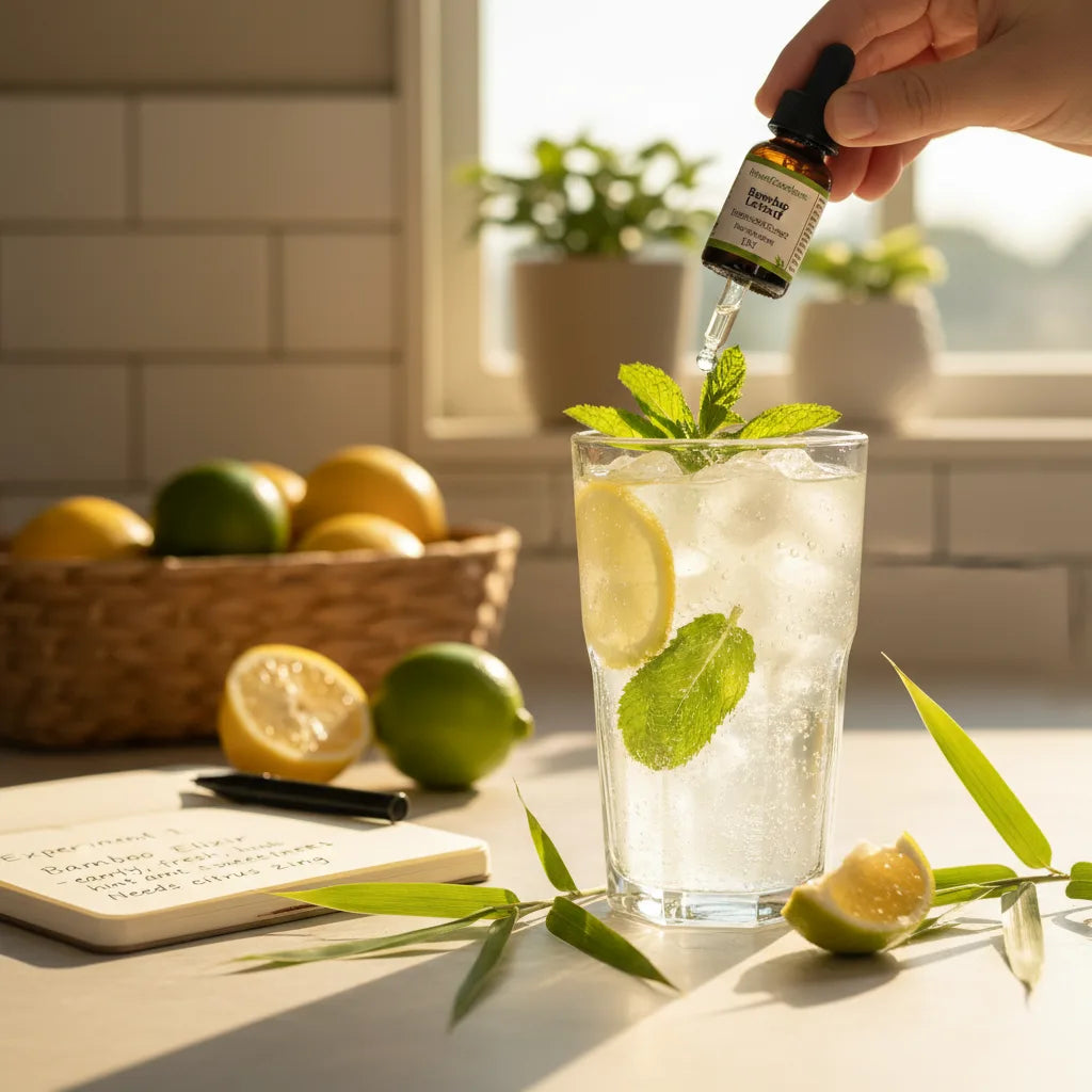 Pouring bamboo extract into citrus mocktail
