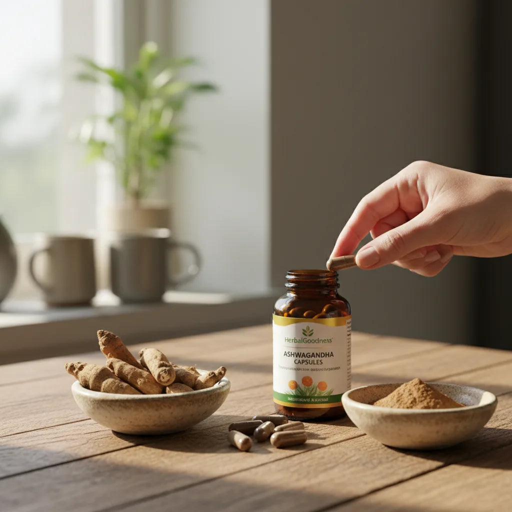 Authentic ashwagandha ingredients and capsule inspection