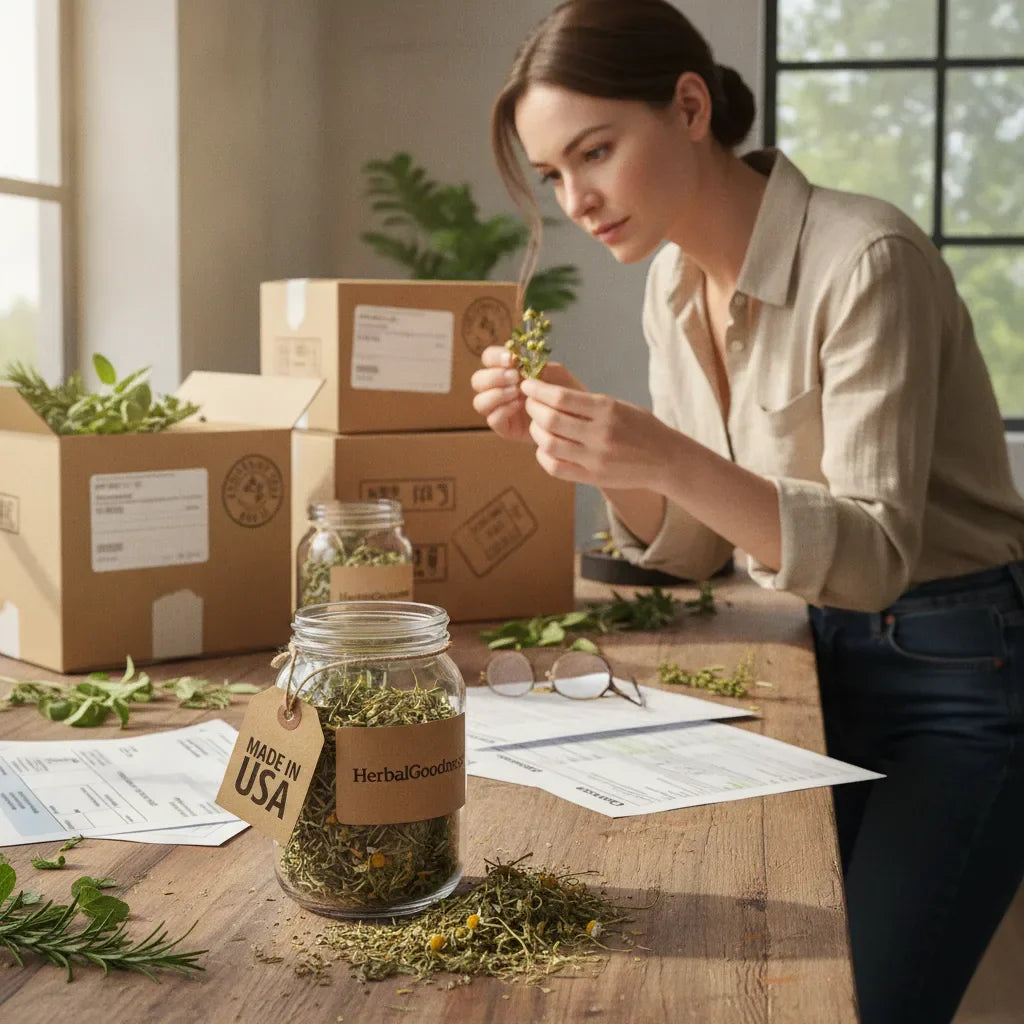 Herbal supplement jars highlight US and overseas origins