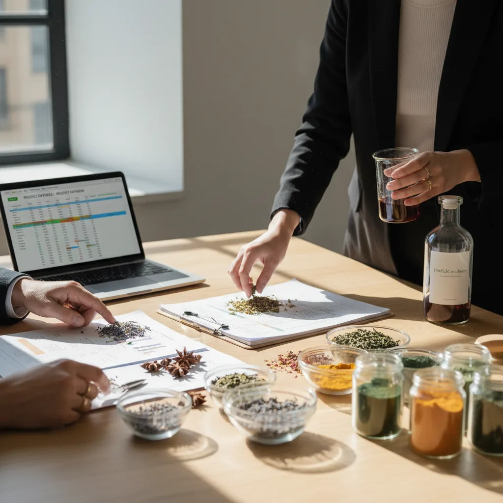 Professionals reviewing botanical manufacturing documents together