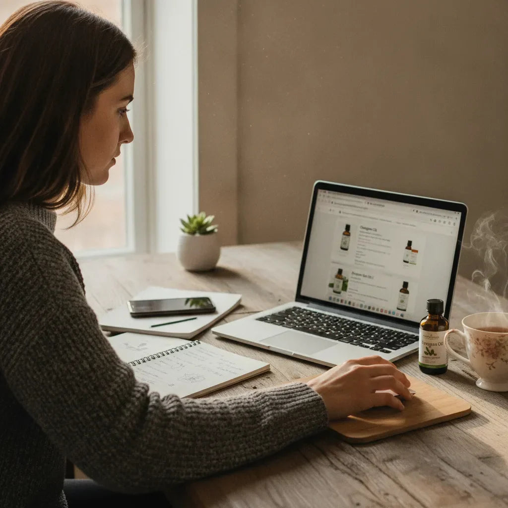 Browsing oregano oil reviews in daylight workspace