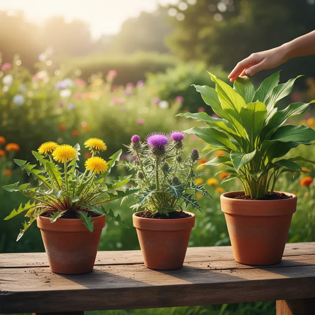 Three herb pots on rustic garden table