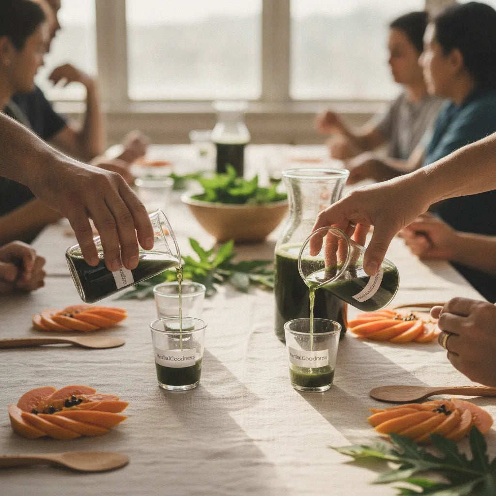 Community mixing papaya leaf extract servings