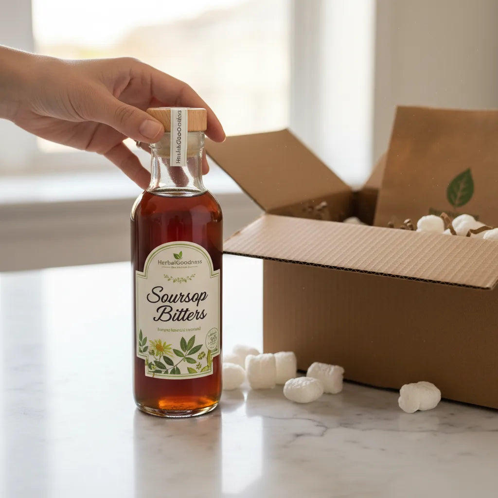 Eco-friendly soursop bitters unboxing in kitchen