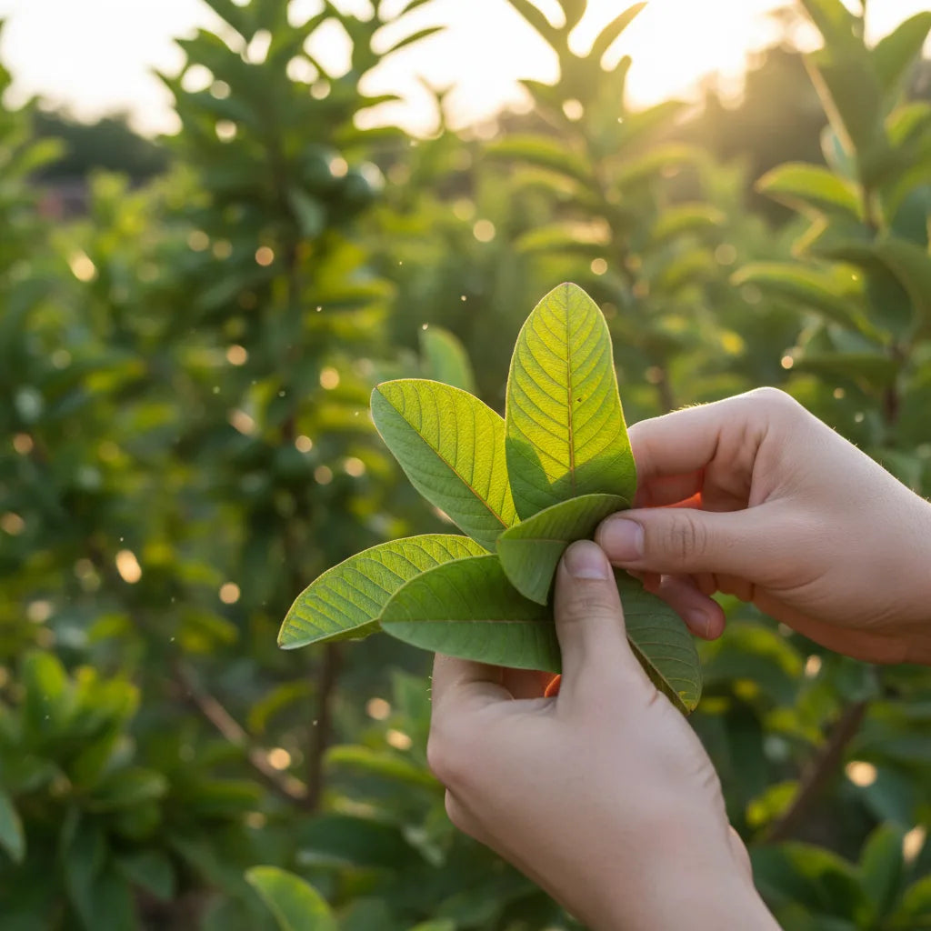 Hand harvesting guava leaves in garden