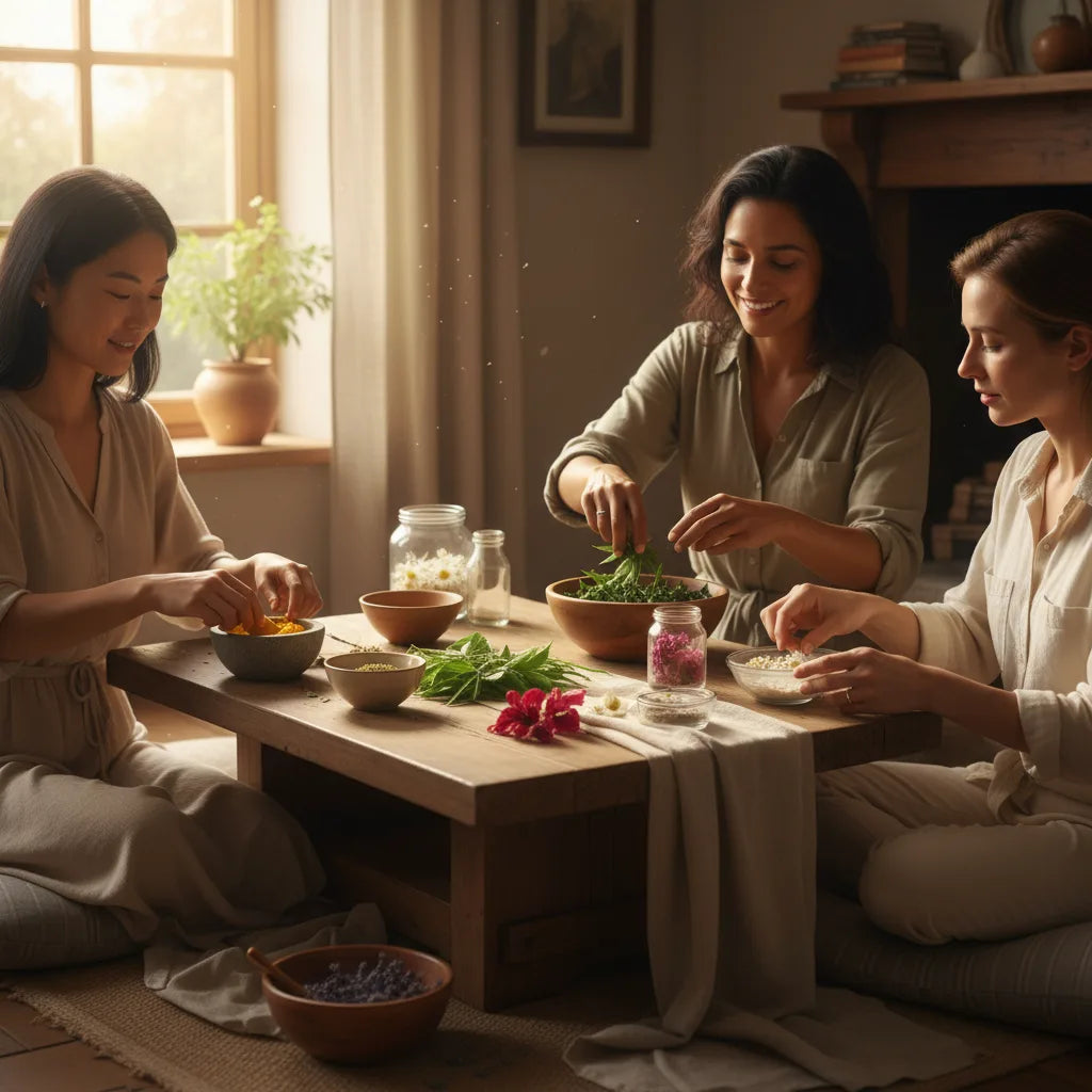 Women prepare herbal beauty mixes together