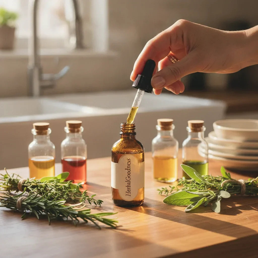 Hand selecting amber herbal extract bottle naturally.